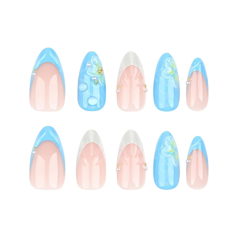 ASABITE 24 Pcs Blue Almond Press on Nails Medium Length Fake Nails 3D Flower and Water Ripple Design Artificial Acrylic Nails Press ons Cute French Tip False Nails Summer Glue-Free Nails for Women - Image 5